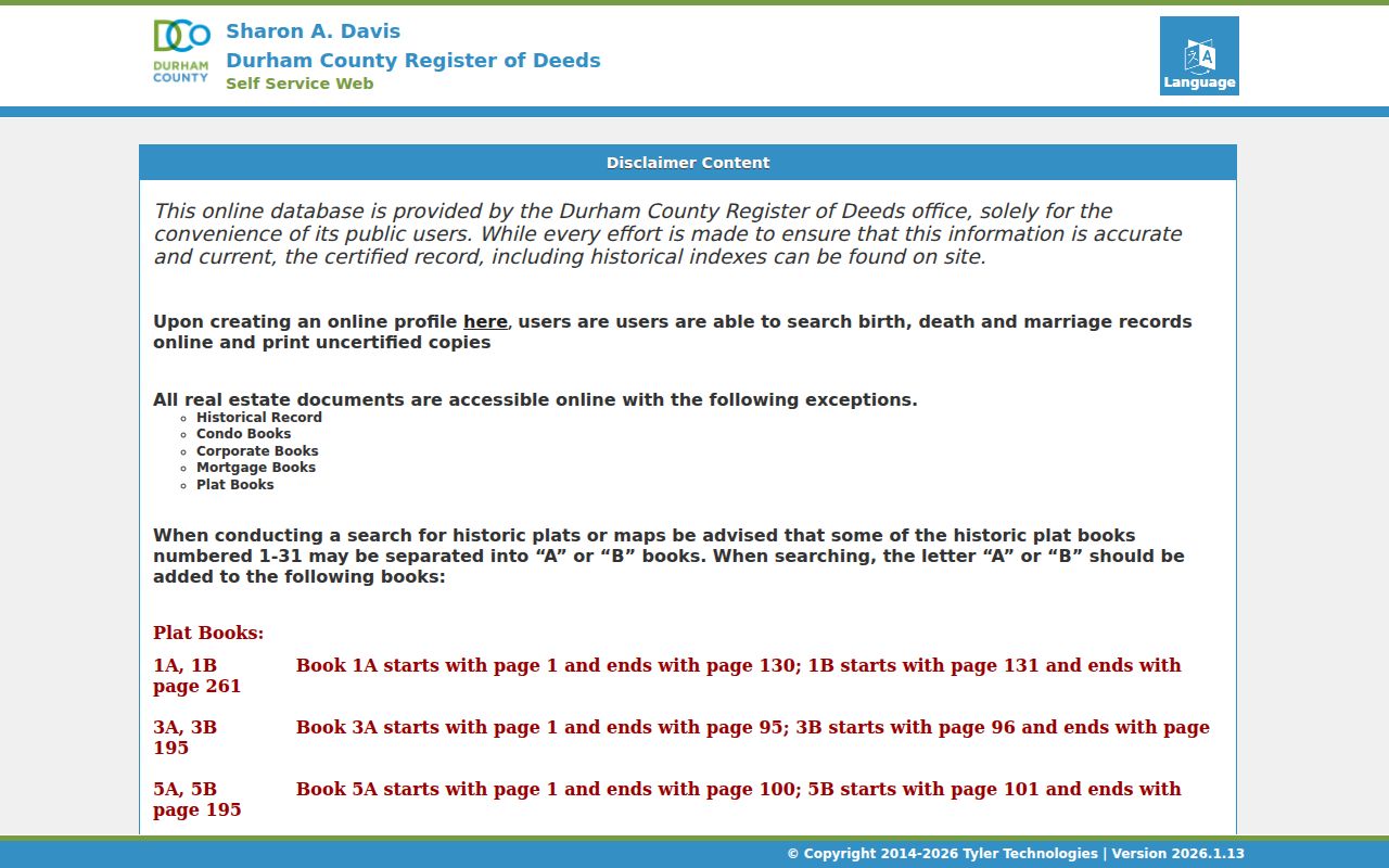 Durham street directory Register of Deeds search disclaimer